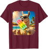 Funny Llama Popsicle Summer Ice Cream Rainbow Drip Funny Llama Eating Popsicle Summer Beach Animal Sunglasses T-Shirt - Burgundy