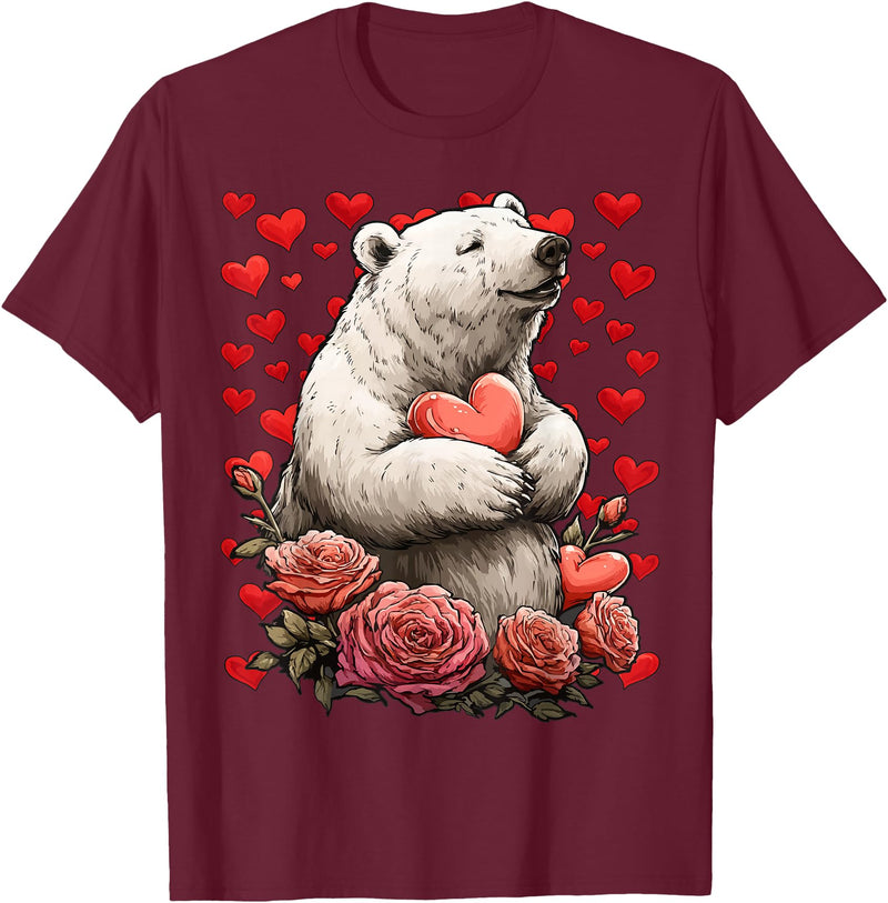 Romantic Animals Valentine’s Day Presents Cute Polar Bear with Red Roses Hearts Valentine’s Day Animal T-Shirt - Burgundy