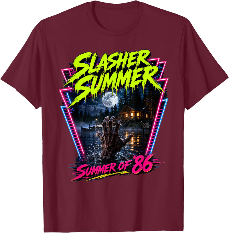 Summerween Slasher Summer Halloween Spooky Tee Vintage Summerween Funny Slasher Summer Halloween 80s Style T-Shirt - Burgundy