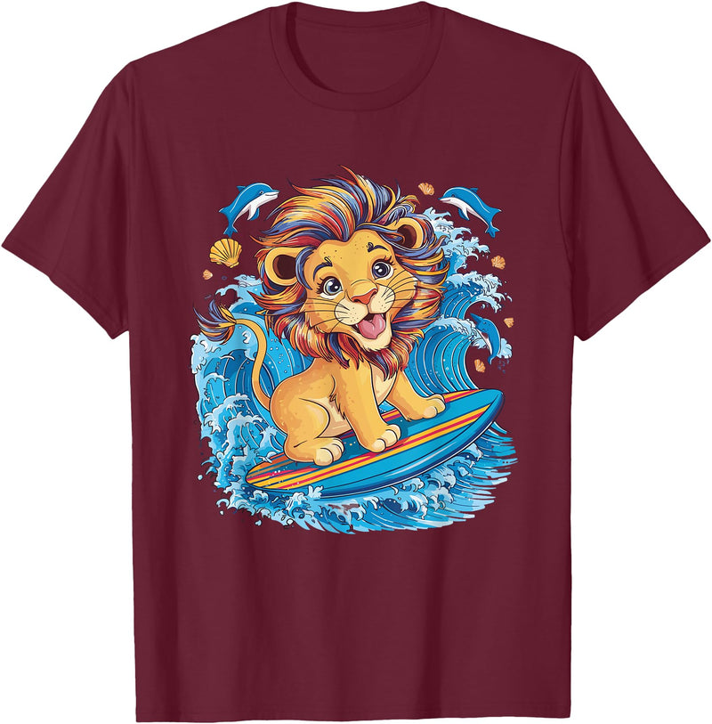 Cute Lion surfing gifts Cute Surfing Lion Riding the Waves T-Shirt - Burgundy