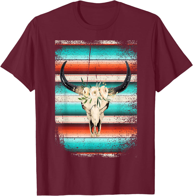 Funny Serape Cow BOHO designs Funny Serape Cow BOHO print Flower Rustic Turquoise T-Shirt - Burgundy