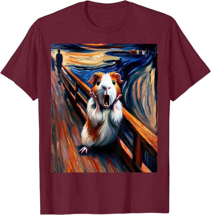 Artsy Guinea Pig Art Funny Animal Painting Humor Expressionist Scream Parody Funny Painting Art Guinea Pig T-Shirt - Burgundy