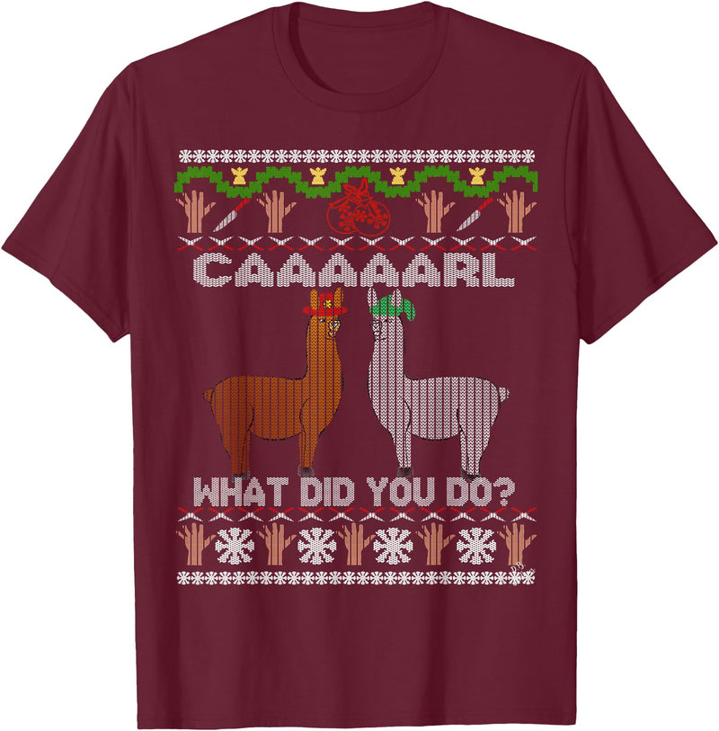 llama shirt collection by Jean Olivier funny llama with hats Christmas look carl what did you do T-Shirt - Burgundy