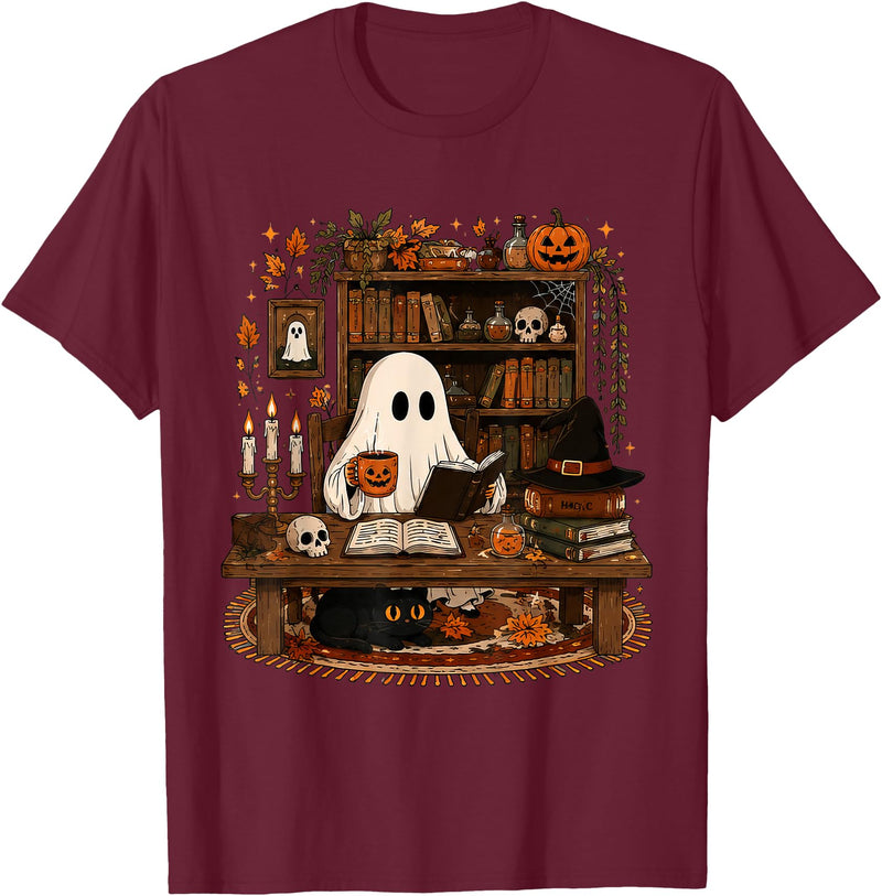 Retro Ghost Reading Funny Halloween Spooky Book Lover T-Shirt - Burgundy