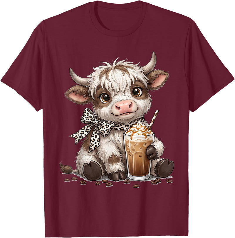 Funny Highlander Cow Drinking Coffee Lover Designs Highland Cow Drinking Iced Coffee Lover Funny Animal Meme T-Shirt -