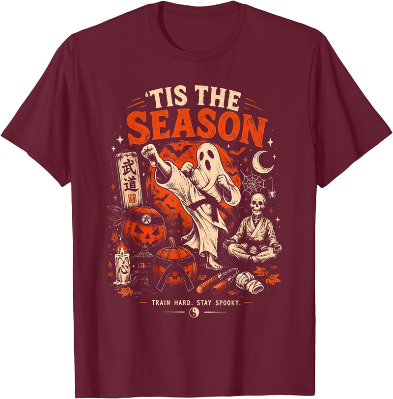 Halloween Pumpkin Ghost Martial Artists Karate Tis The Season Karate Pumpkin Ghost Martial Arts Halloween T-Shirt - Burgundy