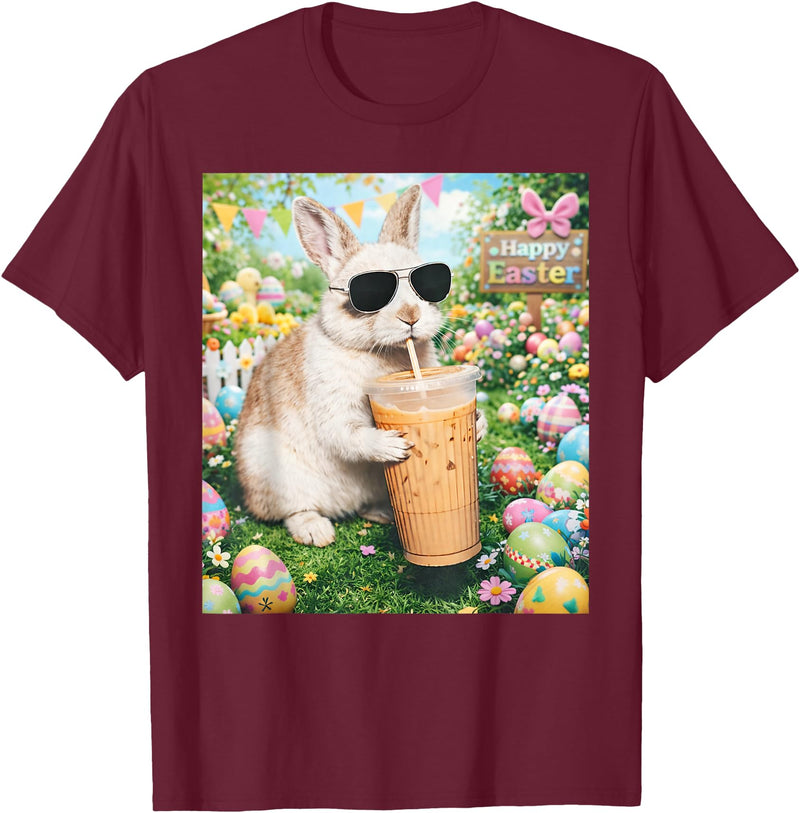 Rabbit Drinking Iced Coffee Funny Easter Bunny Men Women T-Shirt (Black) in Burgundy