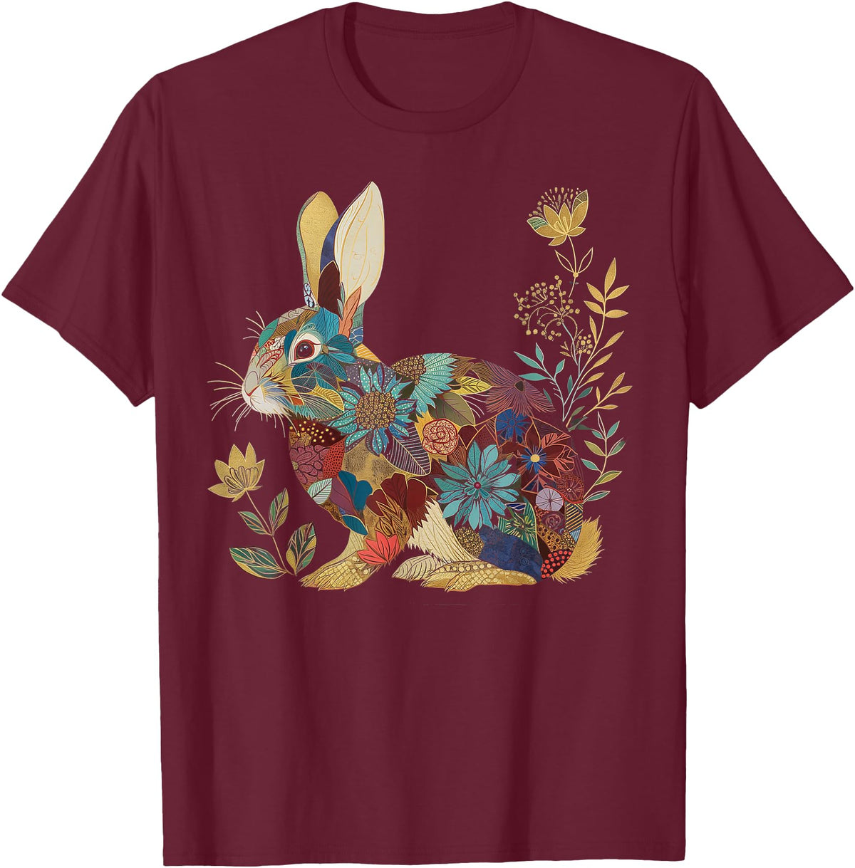 Bunny Floral Rabbit Colourful Flowers Easter Vintage Cute T-Shirt in Burgundy