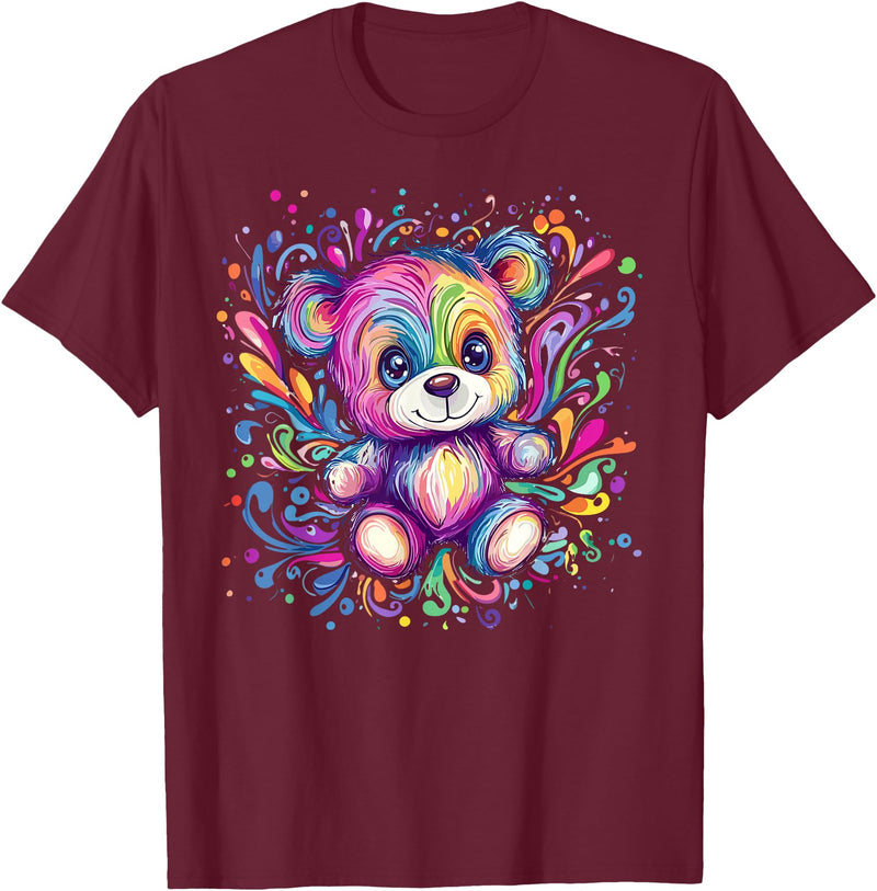 Vibrant Colorful Teddy Bear Illustration Rainbow Splash Teddy Bear T-Shirt - Burgundy