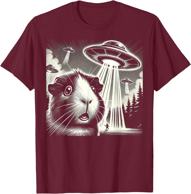 Guinea pig UFO BY TEERA Guinea pig UFO Funny Meme Selfie T-Shirt - Burgundy