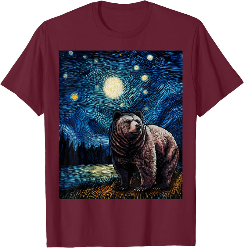 Starry Night Wildlife Graphic Grizzly Bear Van Gogh Starry Night Grizzlies Animal T-Shirt - Burgundy