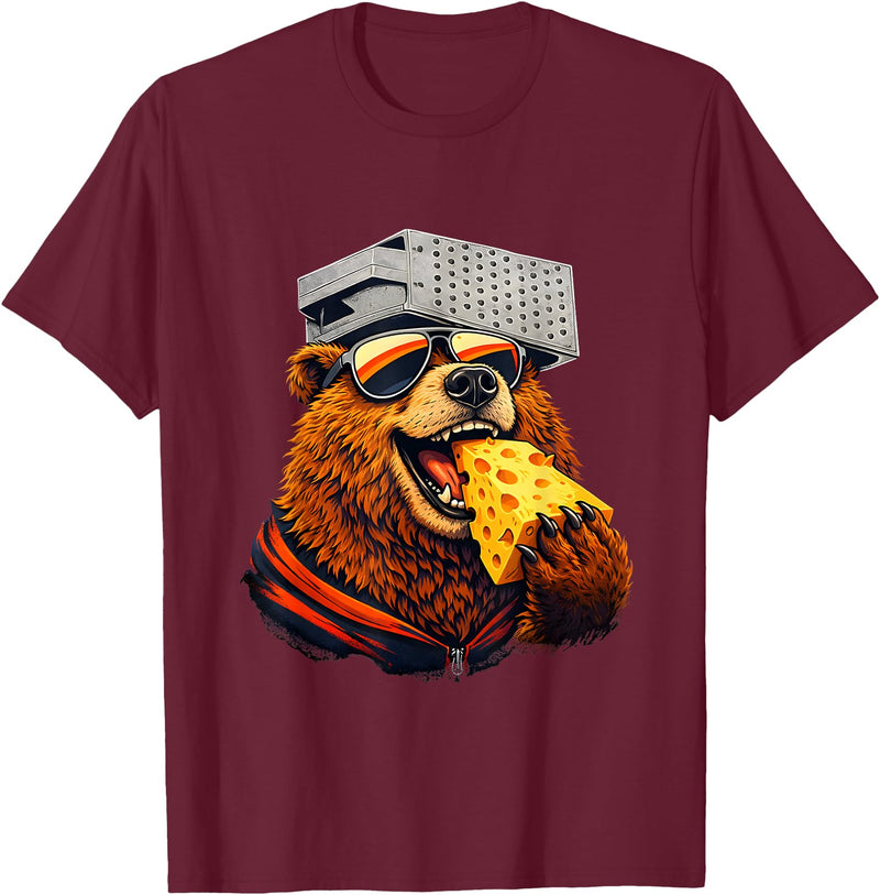 Retro Bear with Cheese for Boys Funny Animal humor Retro Bear Eating Cheese with a Grater Hat T-Shirt - Burgundy