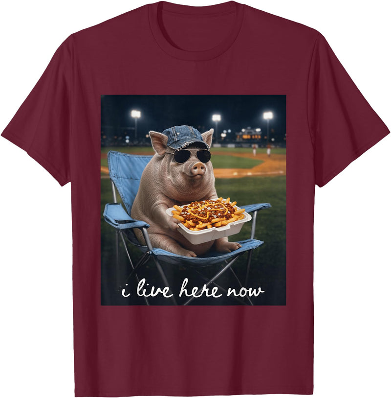 Funny Men Women Pig Baseball Outfit Funny Pig Baseball I Live Here Now T-Shirt - Burgundy