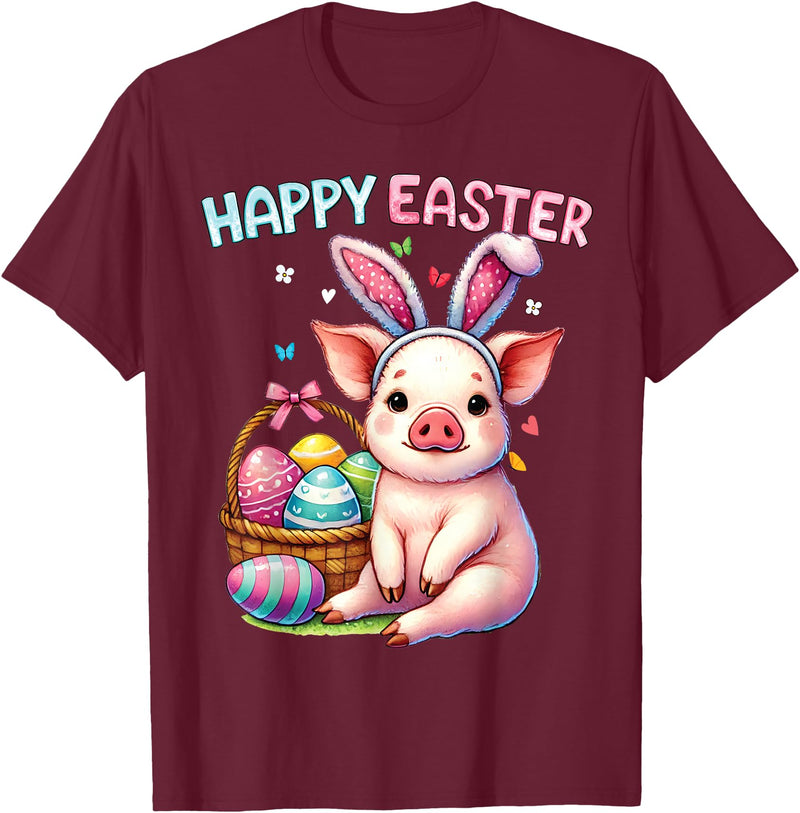 Farm Animal Lovers Cute Pig Easter Holiday Gifts Happy Easter Farm Animal Pig Lovers Bunny Women Kids Girls T-Shirt - Burgundy