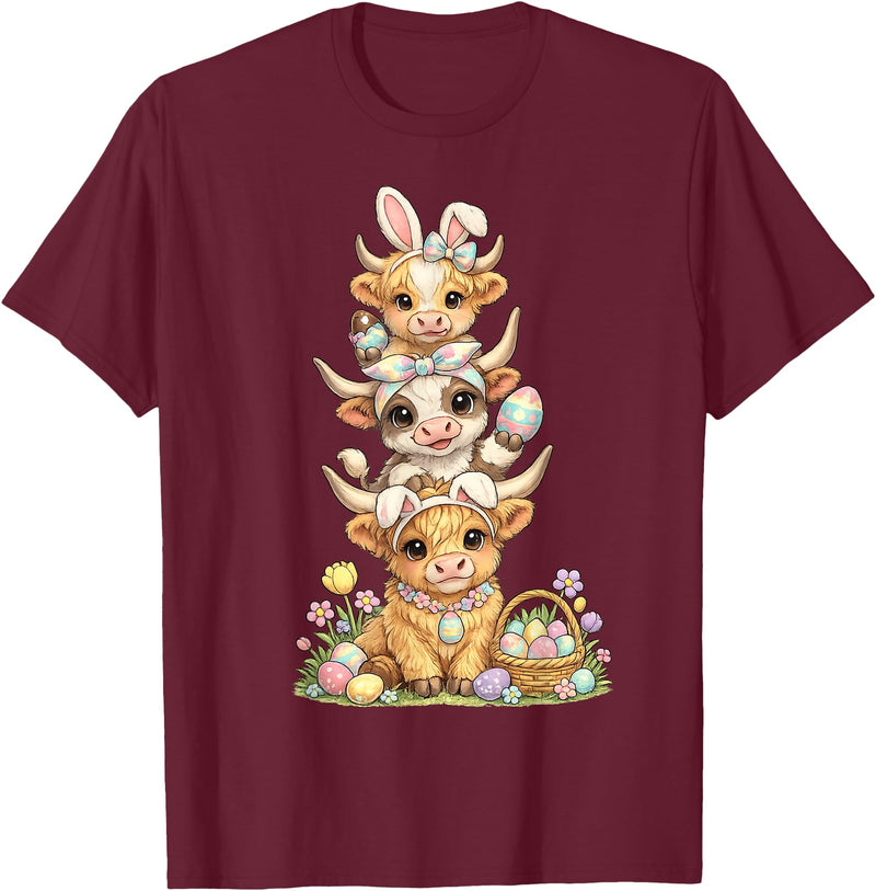 Western Easter Highland Cows Tees Western Easter Highland Cow Cute Bunny Cow Eggs Farmer Girls T-Shirt - Burgundy