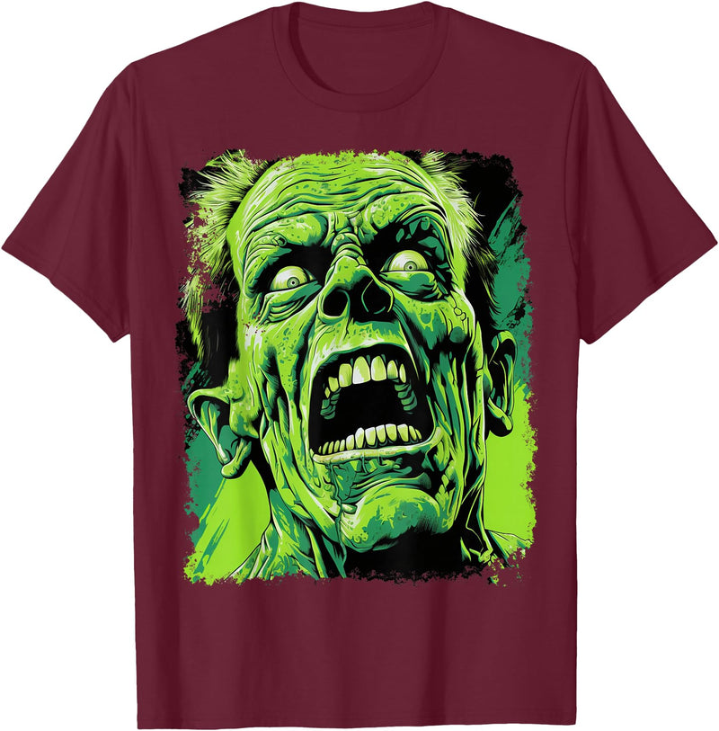 FrightNightFits Classic Horror Green Evil Crazy Scientist Freak Halloween T-Shirt - Burgundy