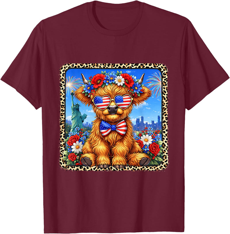 4th of July Apparel 4th of July Cow Patriotic Heart Glasses USA Floral Leopard T-Shirt - Burgundy