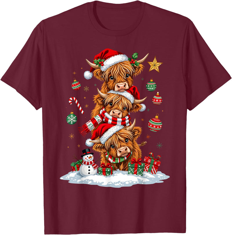 Highland Cow Christmas Winter Tree Farm Women Girl Funny Xmas Merry Moo Cows Highland Cow Christmas Snowman T-Shirt -