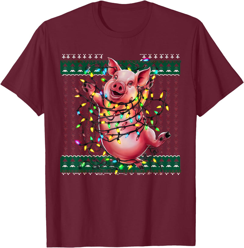 Christmas Sweater Tshirt For Men Women Santa Claus Christmas Family Xmas Ugly Christmas Outfit Merry Pig T-Shirt - Burgundy
