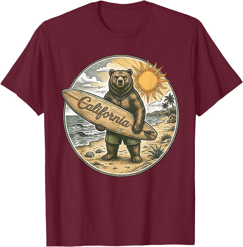 Retro Coastal Surf Bear Vintage Beach Apparel Vintage California Surf Bear Beach Retro Coastal Summer T-Shirt - Burgundy