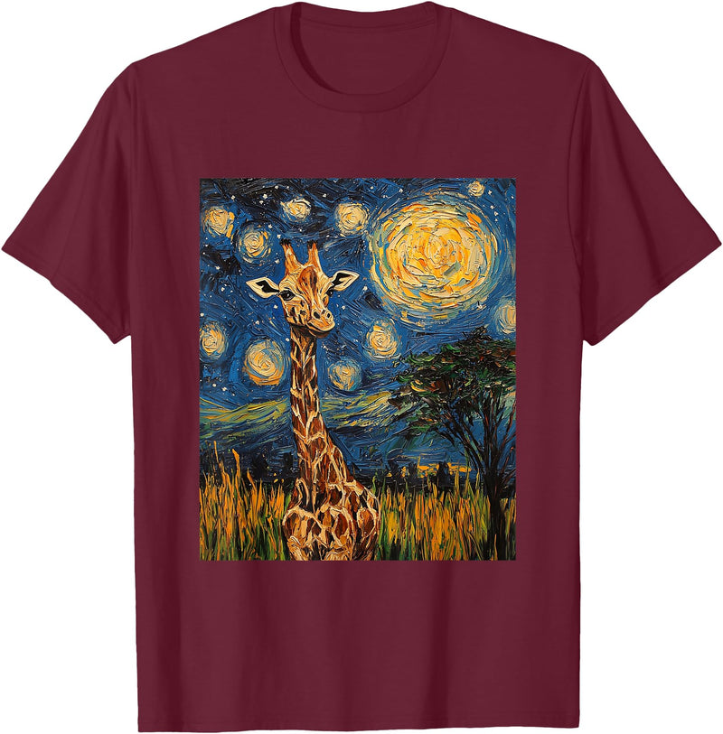 Giraffe Designs. Giraffe Africa Van Gogh Style Starry Night Cute Graphic T-Shirt - Burgundy