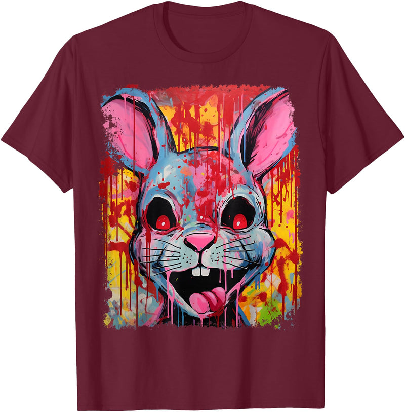 Pop Art Colorful Killer Bunny Rabbit Halloween T-Shirt in Burgundy
