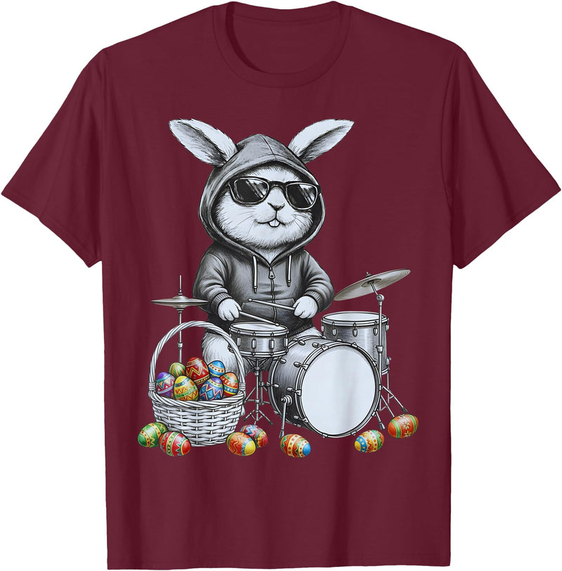 Retro Easter Bunny Drum Player Cool Rabbit Drummer T-Shirt in Burgundy