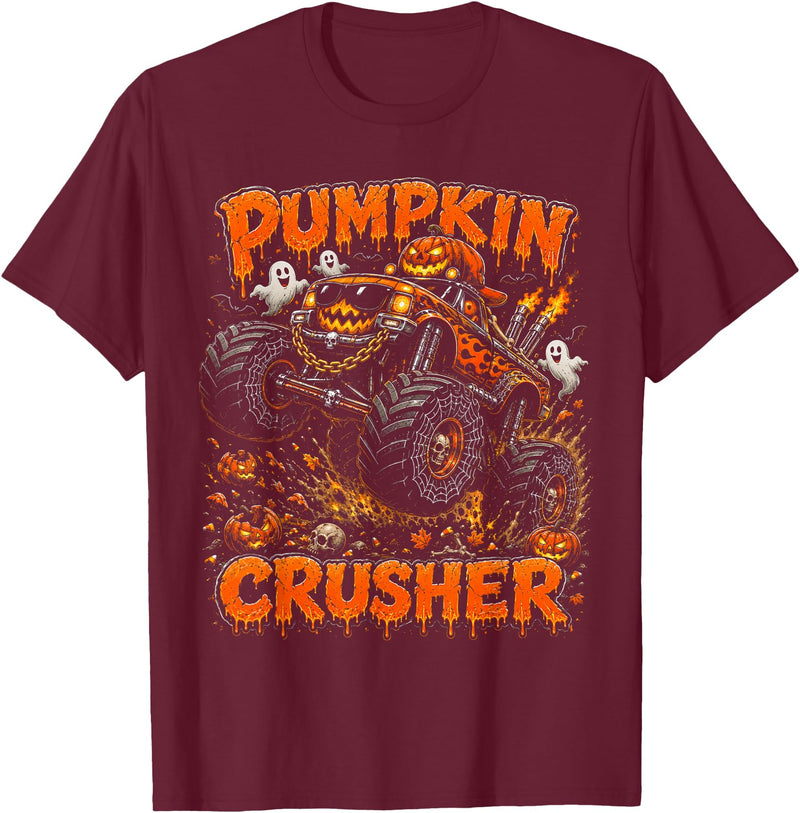 Pumpkin Crusher Kids Halloween Monster Truck Pumpkin Crusher Monster Truck Ghosts Halloween Boys T-Shirt - Burgundy