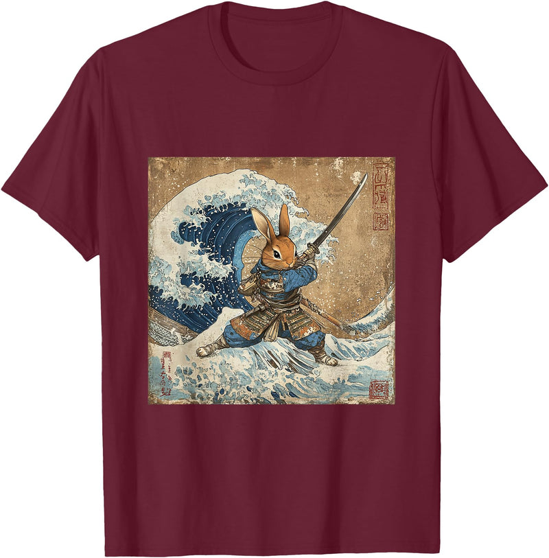 Bunny Rabbit Samurai Warrior Vintage Japanese Art Anime T-Shirt in Burgundy