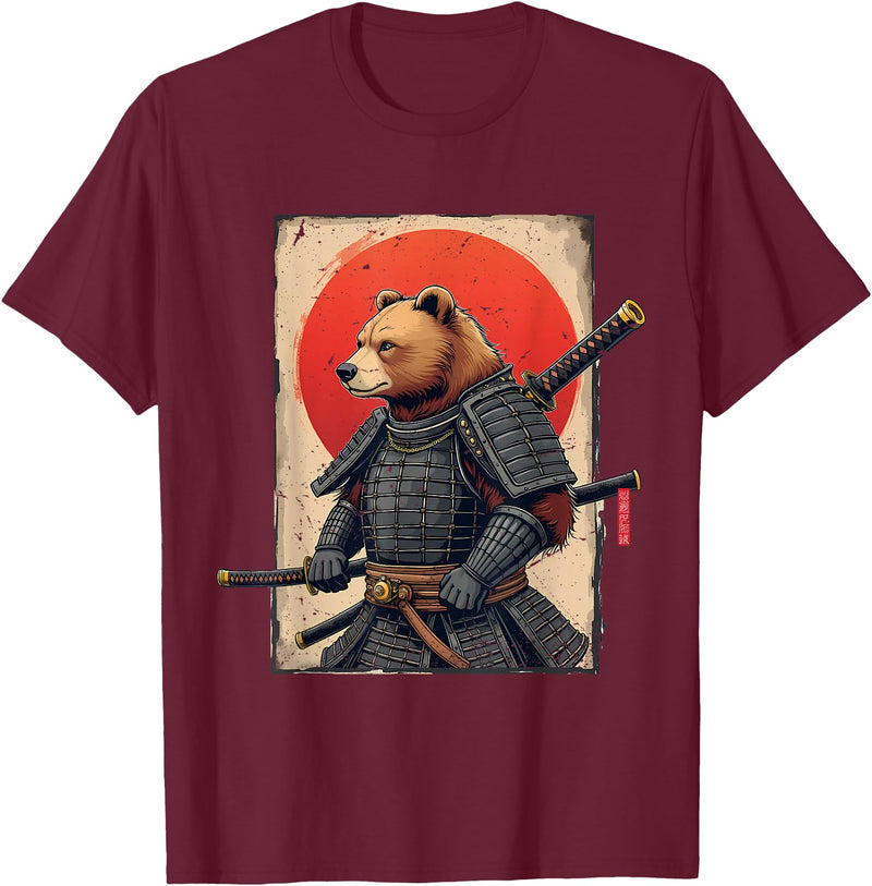 Japanese Samurai Bear Woodblock Art Samurai Brown Bear Ukiyo-e Ink Warrior Art Japanese Bear Art T-Shirt - Burgundy
