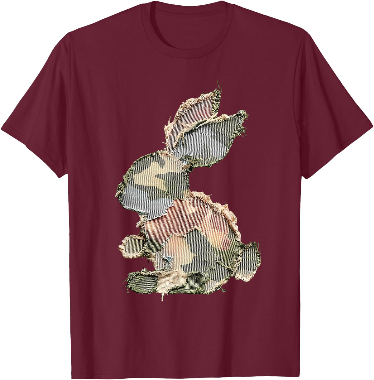 Funny Bunny Crochet Patchwork Camo Rabbit Happy Easter Day T-Shirt in Burgundy