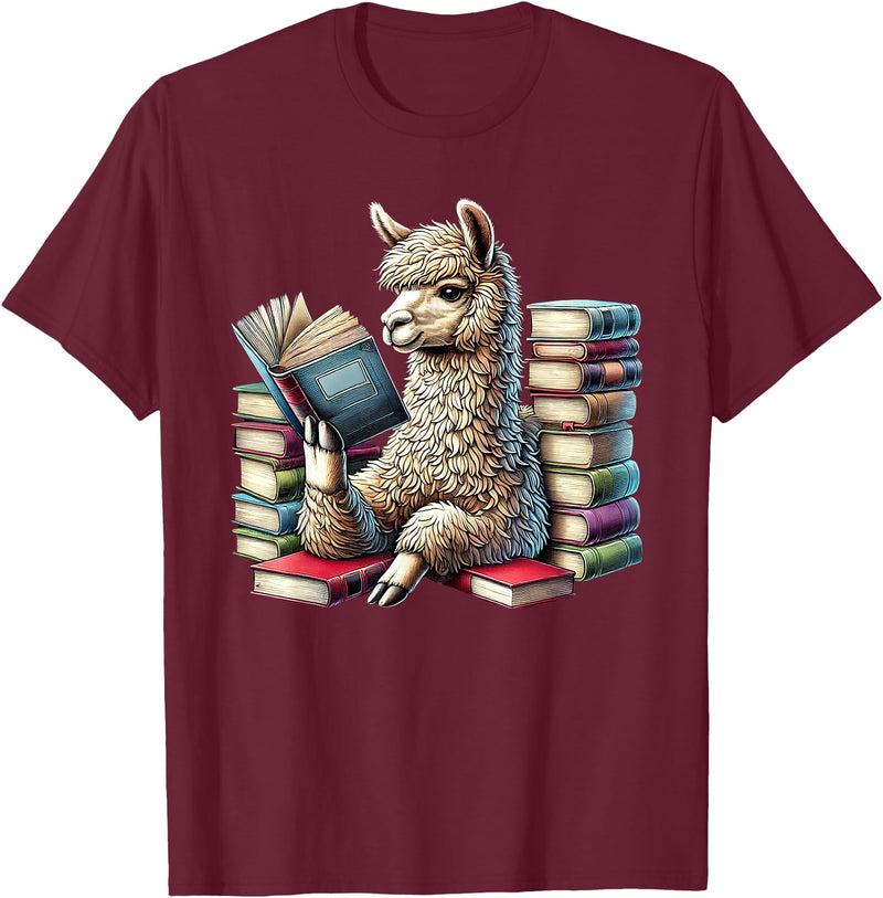 Llama Book Lover Llama Reading Book Reader Bookworm Alpaca Lover T-Shirt - Burgundy