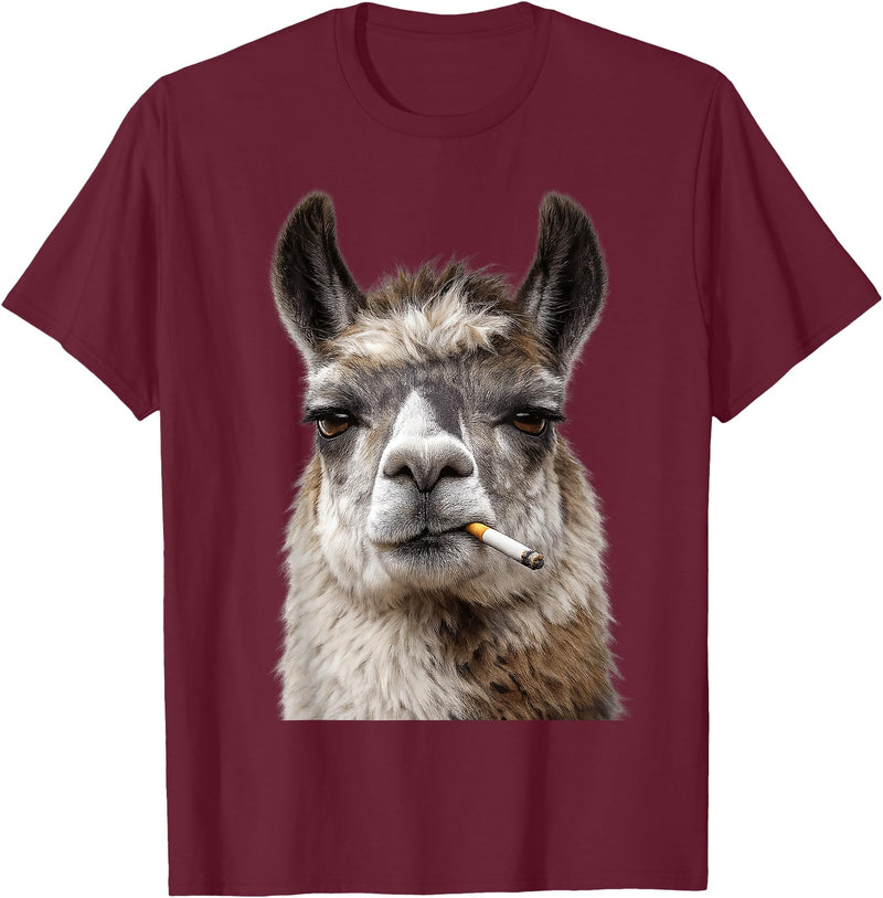 FunWearVM Funny Smoking Llama Cool Animal Lover with Attitude T-Shirt - Burgundy