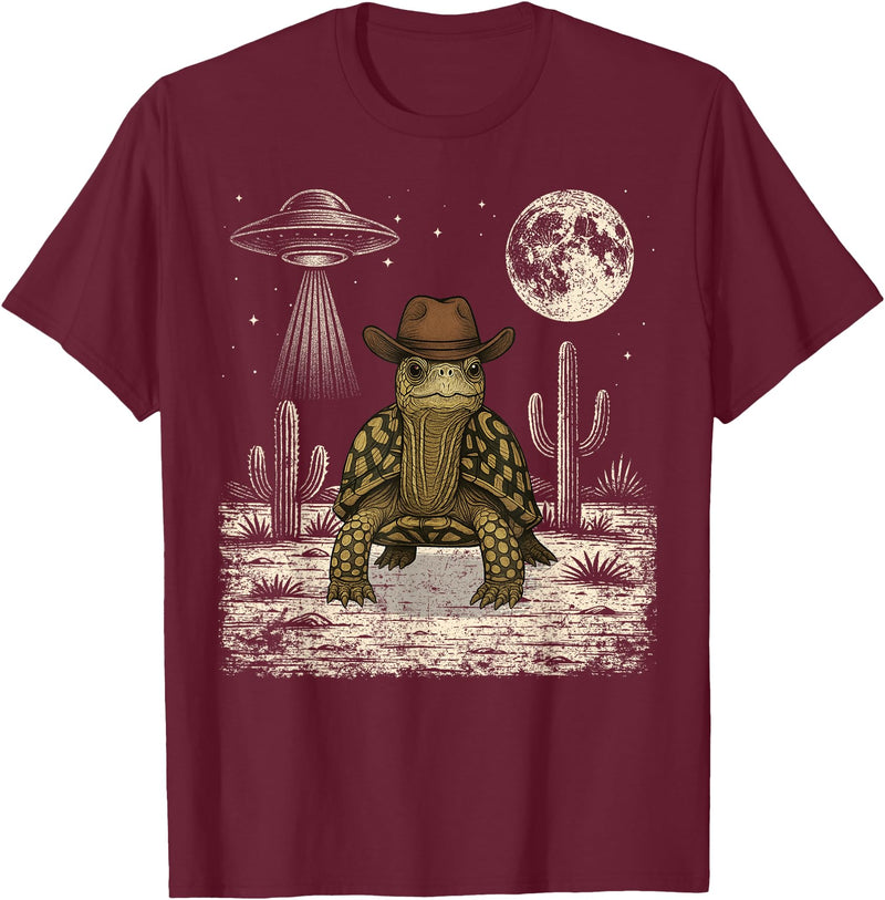 Retro Land Turtle Lover Halloween Moon Funny Eastern Box Turtle Cowboy Western UFO T-Shirt - Burgundy