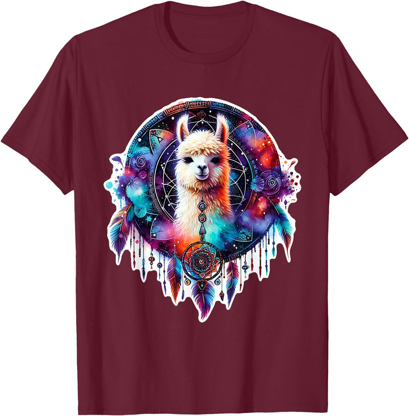 Llama Alpaca Tribal Shamanic Gift Llama Alpaca Dreamcatcher Floral Spiritual Boho Tribal T-Shirt - Burgundy