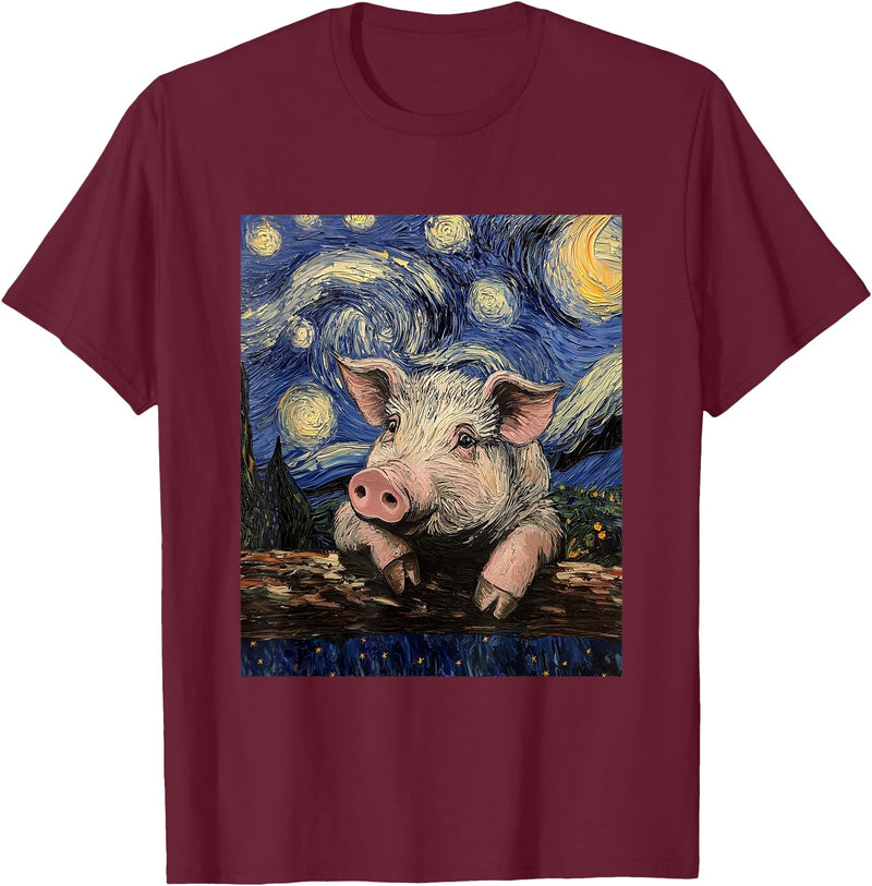 Cute Pigs Designs. Cute Pig Funny Van Gogh Style Starry Night Graphic T-Shirt - Burgundy