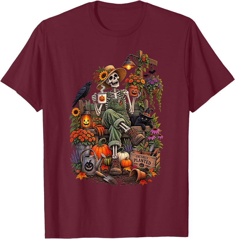 Halloween Gardening Lover Apparel & Gifts Outlet Freshly Planted Skeleton Gardener Halloween T-Shirt - Burgundy