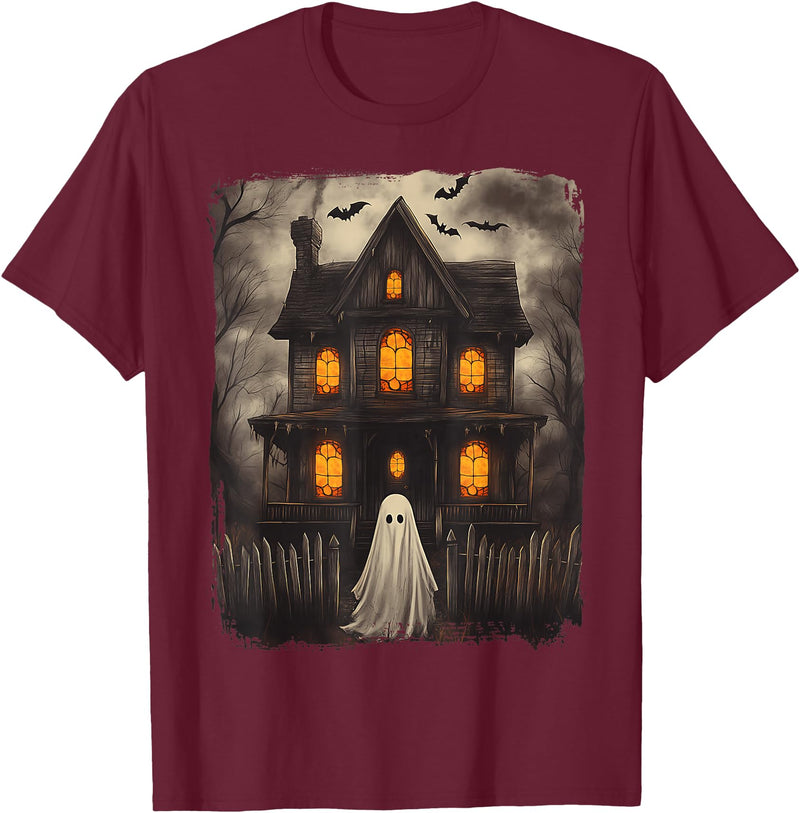 Vintage Haunted House Ghost Halloween Costumes Vintage Ghost Haunted House Scary Halloween Costume Spooky T-Shirt - Burgundy