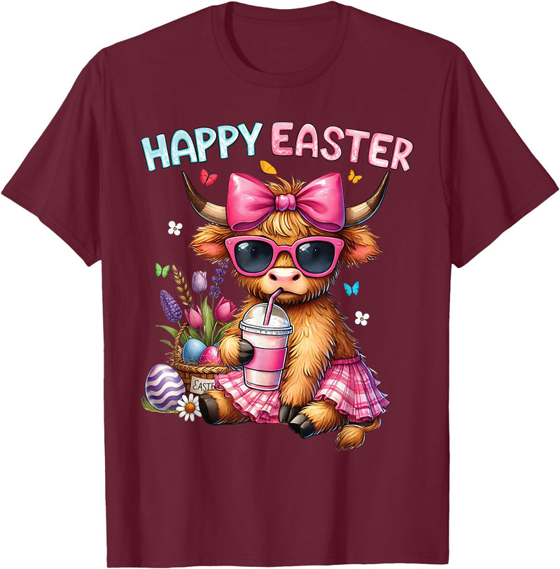 Farm Animal Highland Cow easter Gifts Happy Easter Day Highland Cow Cute Holiday Bunny Women Kids T-Shirt - Burgundy