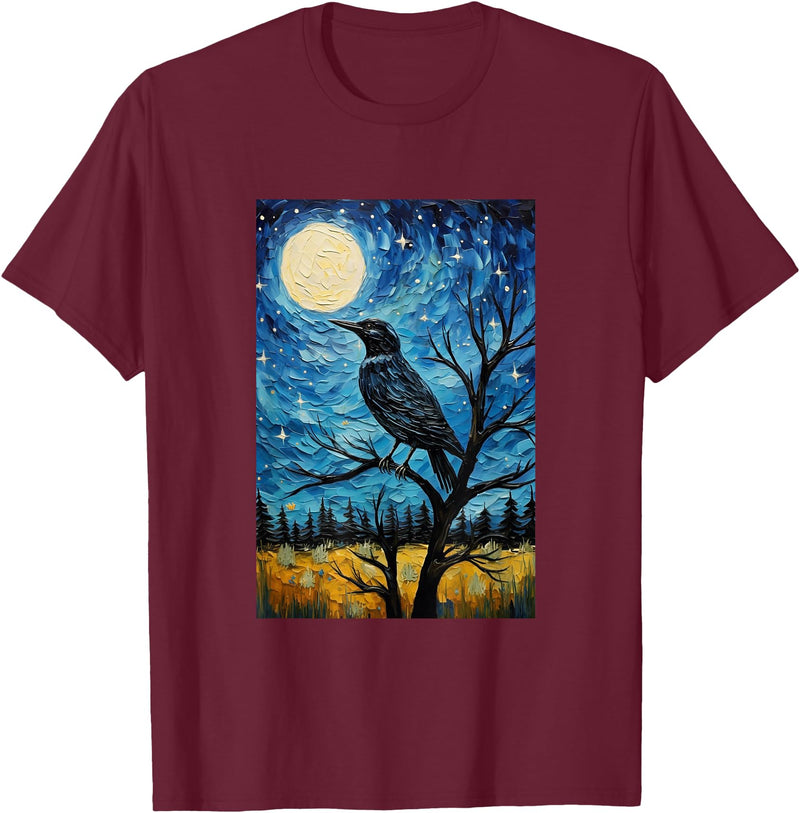 Bird Designs. Magpie Crow Raven Bird Van Gogh Style Starry Night Graphic T-Shirt - Burgundy