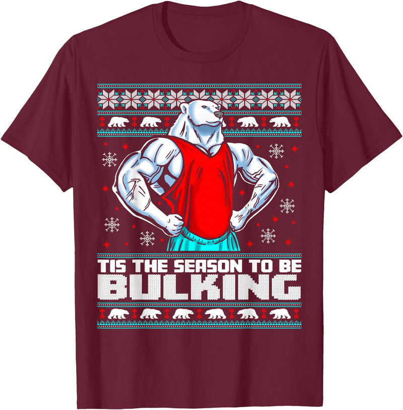 Skyvora Polar Bear Funny Ugly Christmas Sweater Gym Workout Lifting T-Shirt - Burgundy