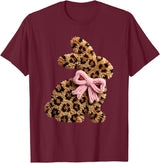 Funny Bunny Leopard Crochet Rabbit Easter Day Coquette Bow T-Shirt in Burgundy