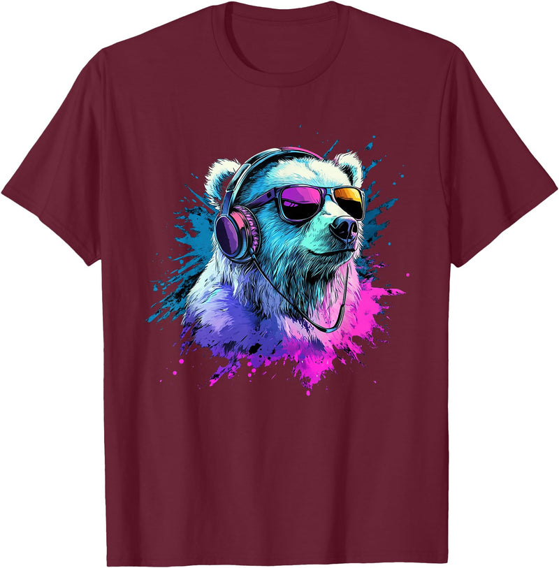 Colorful Artistic Polar Bear Animal Motifs Polar Bear Colorful Music Headphones Artistic Polar Bears T-Shirt - Burgundy