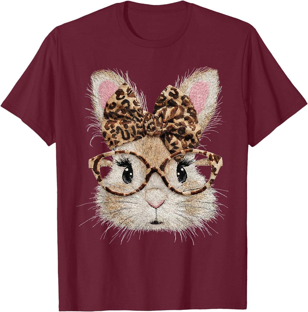 Cute Bunny Rabbit Face Leopard Coquette Bow Glasses Easter T-Shirt in Burgundy