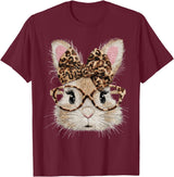 Cute Bunny Rabbit Face Leopard Coquette Bow Glasses Easter T-Shirt in Burgundy