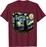 Cat Starry Night Van Gogh Cat T-Shirt for Cat Lovers, Women, Unisex, Black, Small, Short Sleeve, Classic Fit