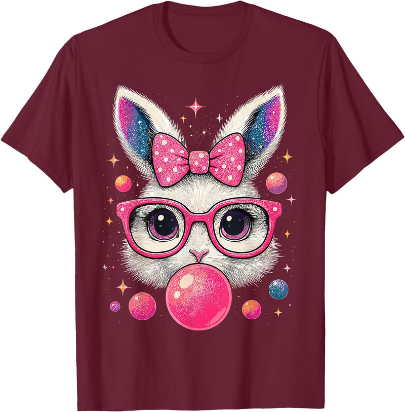 Easter Day Bunny Tie Dye Rabbit Face Glasses Girl Easter T-Shirt in Burgundy