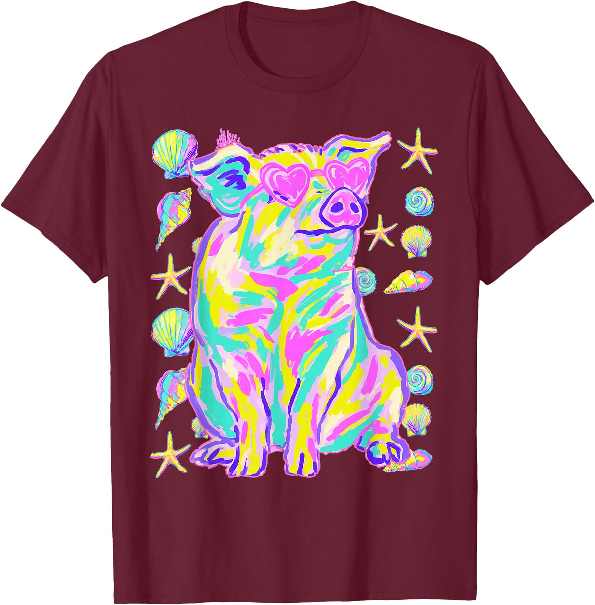 Coastal Summer Animals Beach Art Cute Pig with Hearts Sunglasses Seashells Coastal Summer T-Shirt - Burgundy