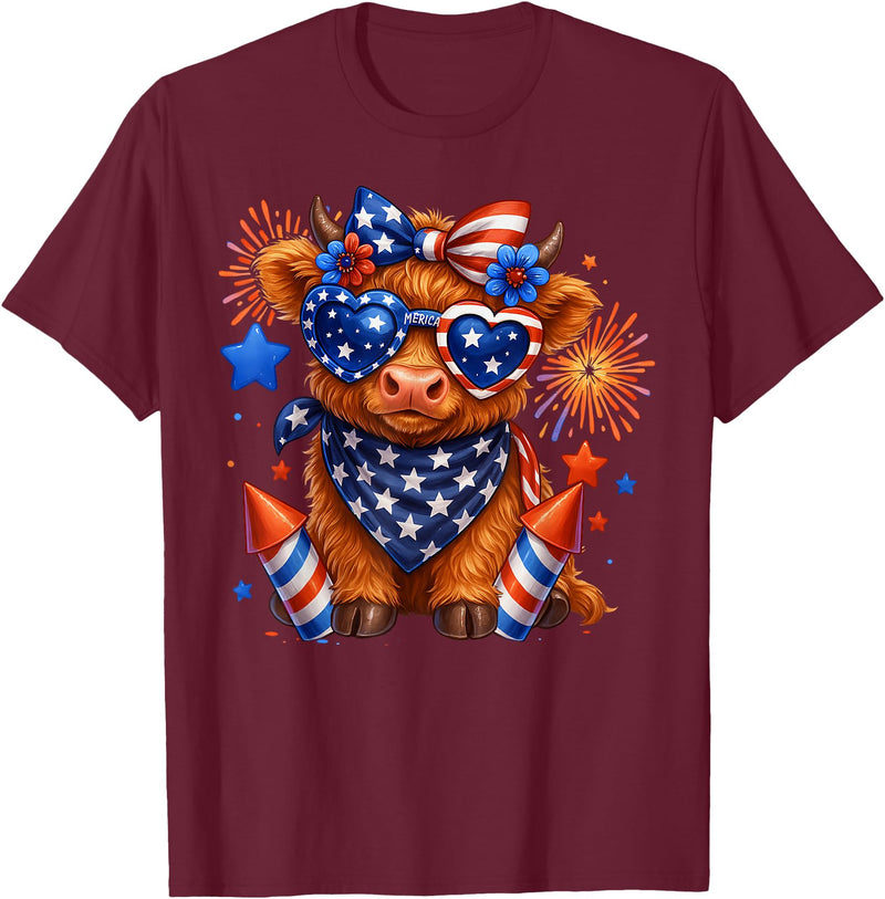 Cute Highland Cow 4th of July USA Flag Patriotic Cow Farmer T-Shirt - Burgundy