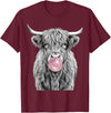 Bovine Bubbles Apparel Shaggy Highland Cow Blowing Bubble Gum Sketch T-Shirt - Burgundy